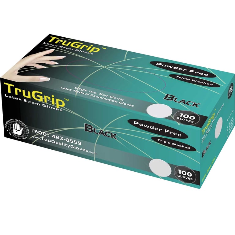 TruGrip Latex Exam Gloves, Powder Free, Medium, Black, 100/Box, Case of 10. Triple-washed
