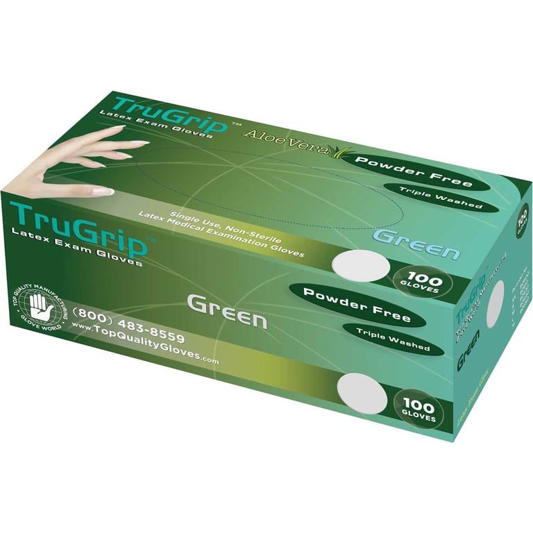 TruGrip Latex Exam Gloves, Powder Free, X-Large, Green, 100/Box, Case of 10. Triple-washed