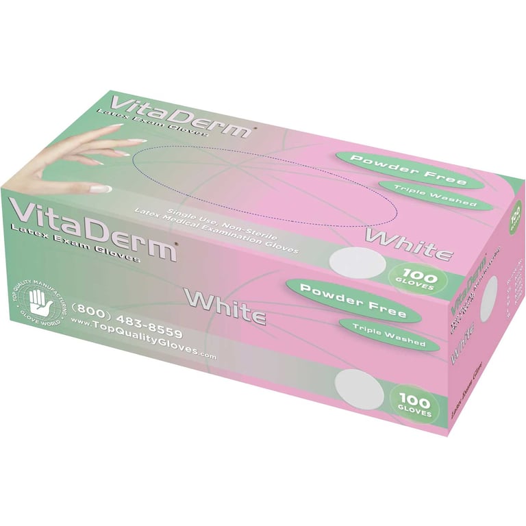 VitaDerm Latex Exam Gloves, Powder Free, Large, White, 100/Box. BPA (Bisphenol A) free