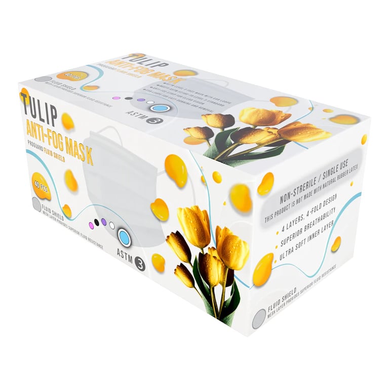 Tulip 4-Ply ASTM Level 3 Anti-Fog Masks, Foam Strip, White, 40/Box. Advanced fluid barrier