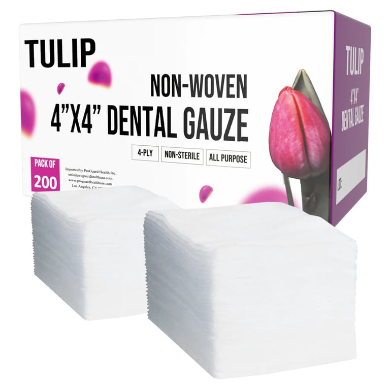 Tulip 4" x 4" Non-Woven 4-Ply Non-Sterile Dental Gauze Sponges, 2000/Case. Designed for superior
