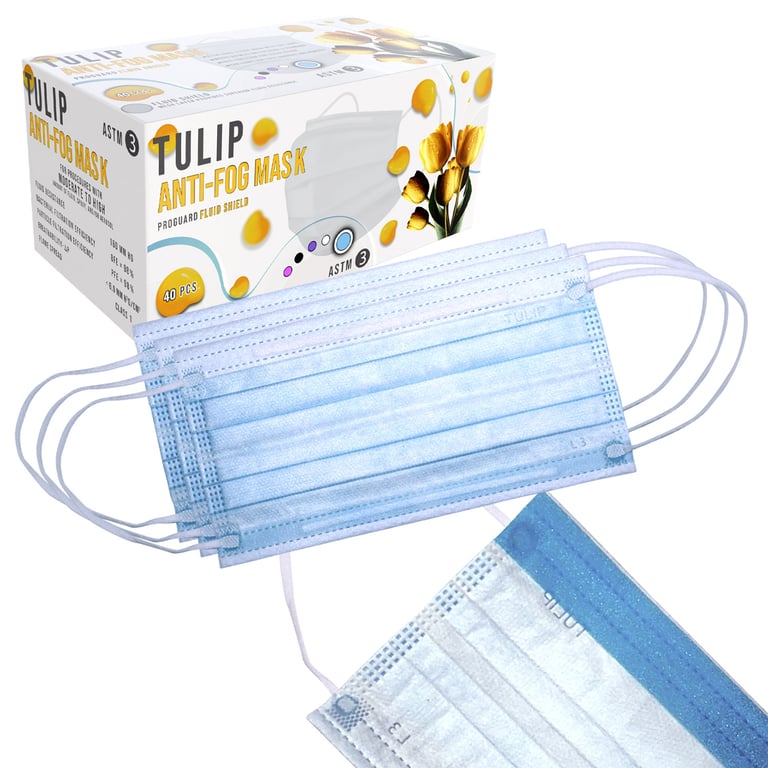 Tulip 4-Ply ASTM Level 3 Anti-Fog Masks, Foam Strip, Blue, 40/Box. Advanced fluid barrier