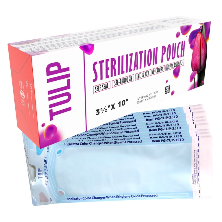 Tulip Self-Sealing Sterilization Pouches, 3.50" x 10", 200/Box. Ensures reliable protection for EO