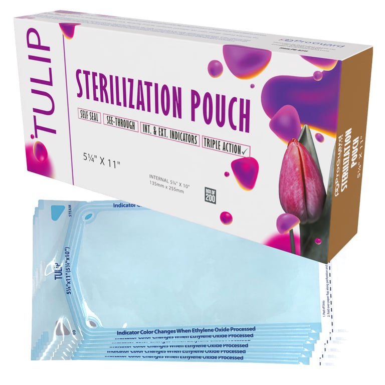 Tulip Self-Sealing Sterilization Pouches, 5.25" x 11", 200/Box. Ensures reliable protection for EO