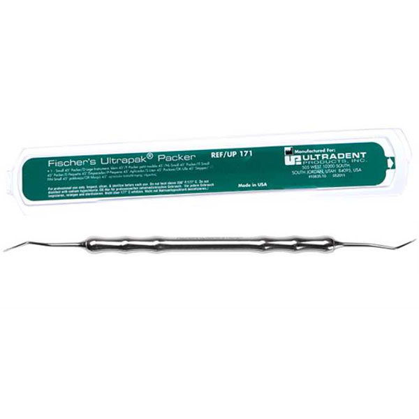 Fischer's Ultrapak Packer Small, 45° to Handle. Thin Serrated Packing Instrument. Circular packing