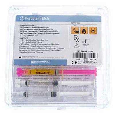 Porcelain Etch Kit, Buffered 9.6% Hydrofluoric Acid. Contains: 2 x 1.2 ml syringes, 2 x 1.2 ml