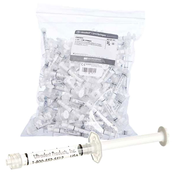 Ultradent Plastic Syringes 1.2 ml, 100/Bag. Designed for all 30ml IndiSpense syringes. Snug Luer