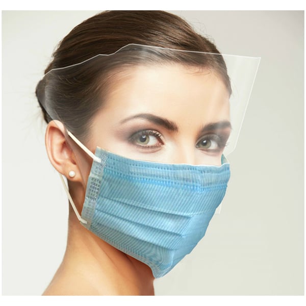 Uniguard Fluidbloq Earloop Mask w/Shield, 4-Ply, Blue, 25/Pk. ½ face shield, nose and chin strips