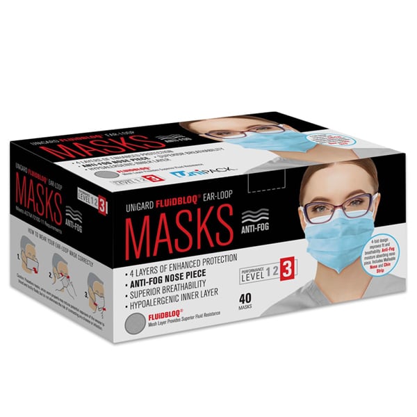 Uniguard Fluidbloq ASTM Level 3 Earloop Mask, 4-Ply BLUE 40/Pk. Anti-Fog moisture absorbing nose