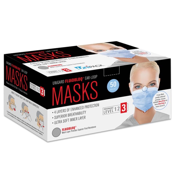 Uniguard Fluidbloq ASTM Level 3 Earloop Mask 4-Ply, BLUE 50/Pk. Nose&Chin Strips for comfortable