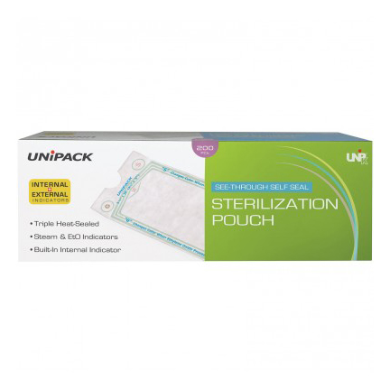 UniPack Self Seal 2-1/4" x 5" Sterilization Pouches 200/Pk. Triple sealed & Heat Process, Blue