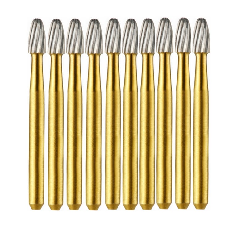 Vakker FG #7406 Egg Shaped 12 Blade Trimming and Finishing Burs, 10/Pk. Overall length : 19mm
