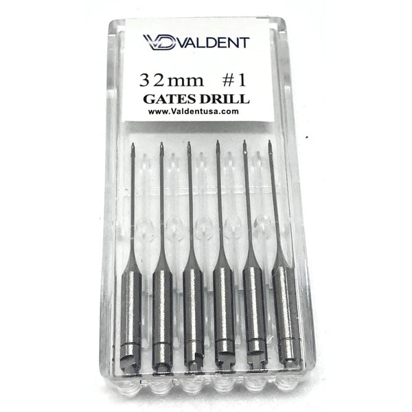 Valdent USA Gates Glidden Drill #1, 32mm, 6/Pk, High carbon stainless steel. They are used to open
