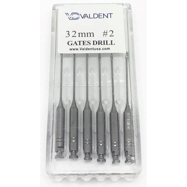Valdent USA Gates Glidden Drill #2, 32mm, 6/Pk, High carbon stainless steel. They are used to open
