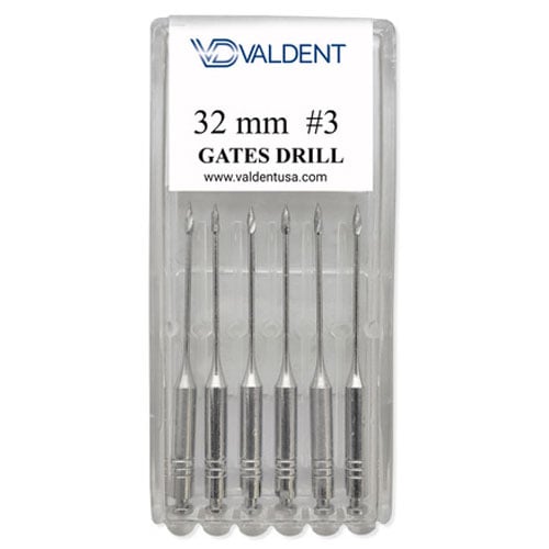 Valdent USA Gates Glidden Drill #3, 32mm, 6/Pk, High carbon stainless steel. They are used to open
