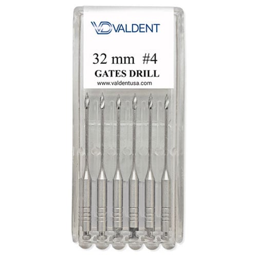 Valdent USA Gates Glidden Drill #4, 32mm, 6/Pk, High carbon stainless steel. They are used to open