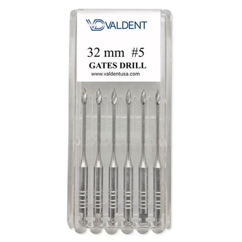 Valdent USA Gates Glidden Drill #5, 32mm, 6/Pk, High carbon stainless steel. They are used to open