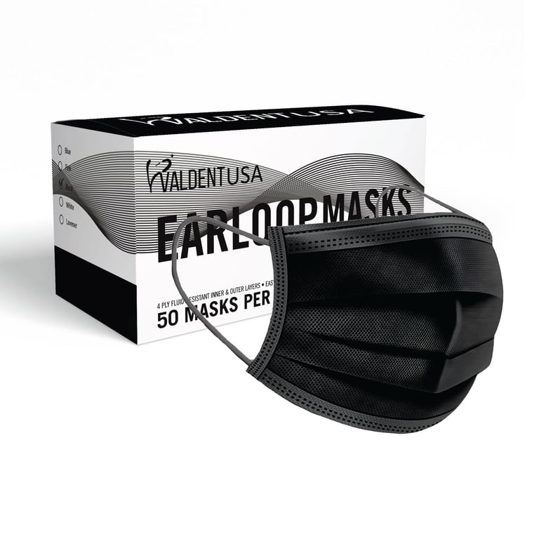 Valdent USA Disposable Earloop Masks, 4-Ply, ASTM Level 3, Fluid-Resistant, Black, Adult Size