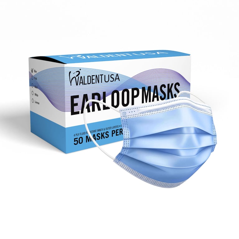 Valdent USA Disposable Earloop Masks, 4-Ply, ASTM Level 3, Fluid-Resistant, Blue, Adult Size