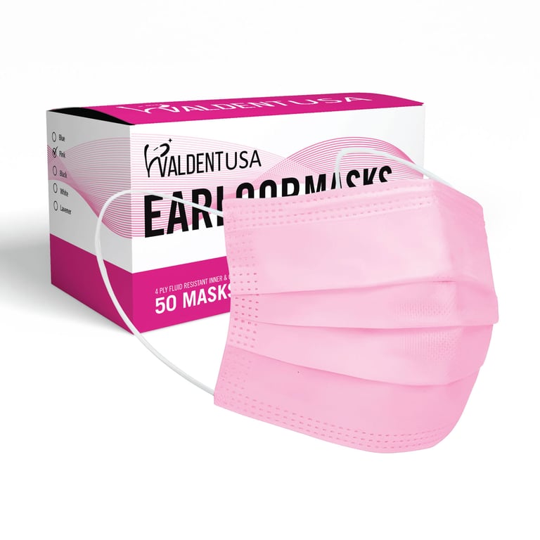 Valdent USA Disposable Earloop Masks, 4-Ply, ASTM Level 3, Fluid-Resistant, Pink, Adult Size