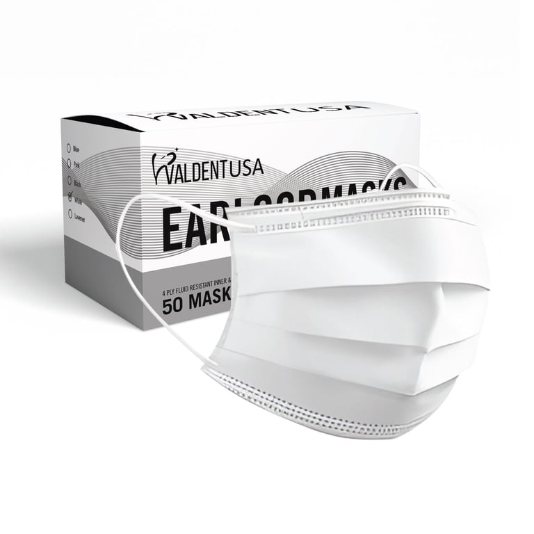 Valdent USA Disposable Earloop Masks, 4-Ply, ASTM Level 3, Fluid-Resistant, White, Adult Size
