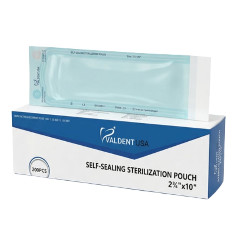 Valdent USA 2.75" x 10" Paper/Blue Film Sterilization Pouch, Self-Sealing, 200/Pk. Delivers