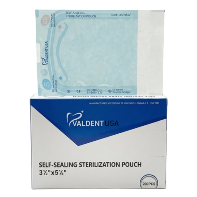 Valdent USA 3.5" x 5.25" Paper/Blue Film Sterilization Pouch, Self-Sealing, 200/Pk. Delivers