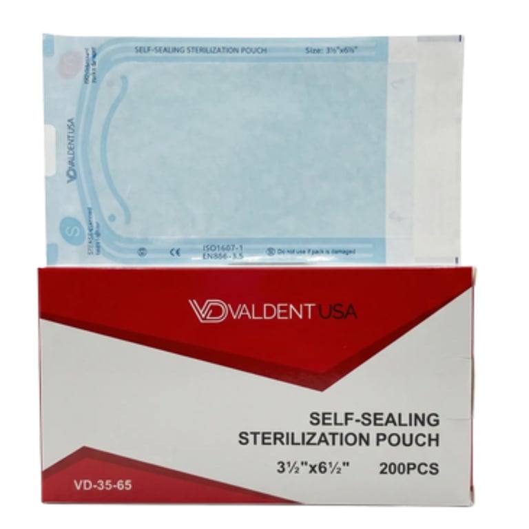 Valdent USA 3.5" x 6.5" Paper/Blue Film Sterilization Pouch, Self-Sealing, 200/Pk. Delivers