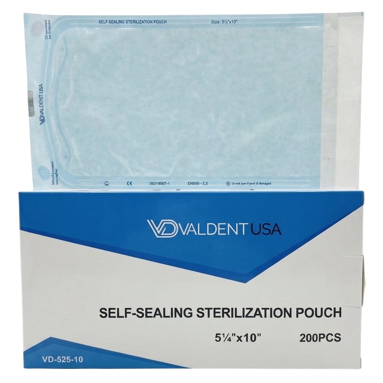 Valdent USA 5.25" x 10" Paper/Blue Film Sterilization Pouch, Self-Sealing, 200/Pk. Delivers
