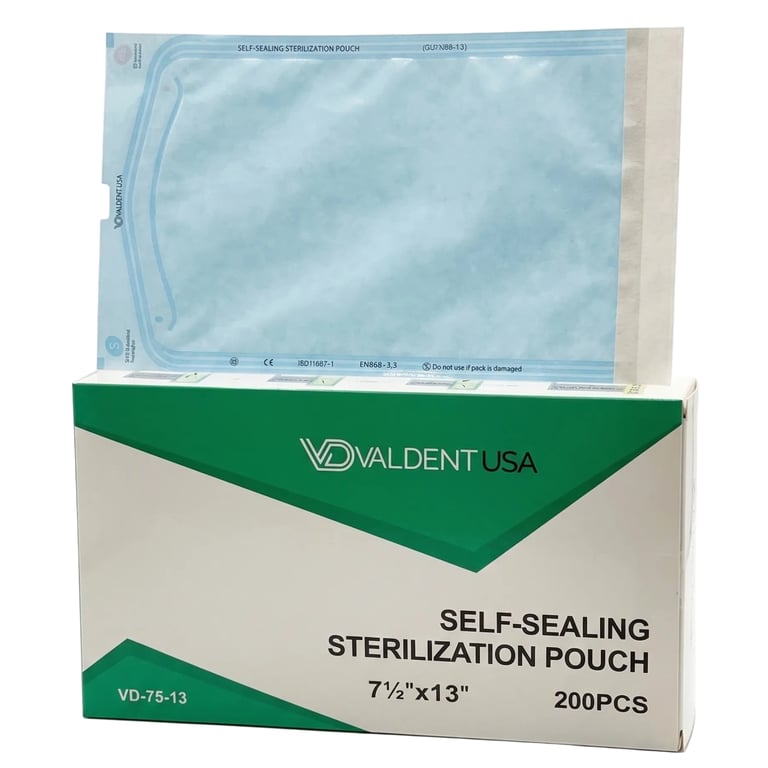 Valdent USA 7.5" x 13" Paper/Blue Film Sterilization Pouch, Self-Sealing, 200/Pk. Delivers