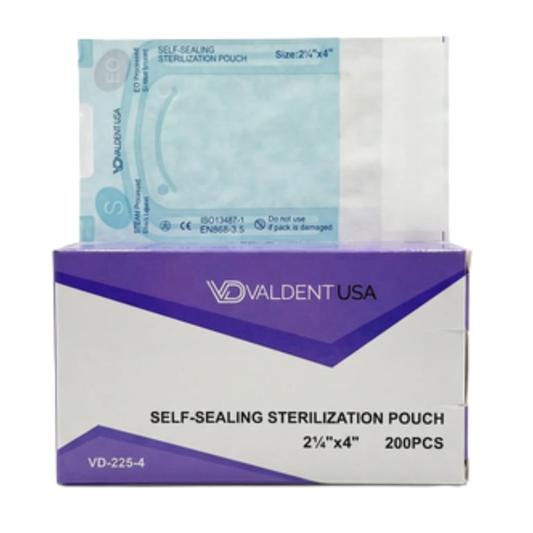 Valdent USA 2.25" x 4" Paper/Blue Film Sterilization Pouch, Self-Sealing, 200/Pk. Delivers