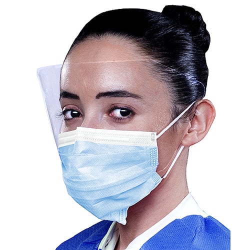 ArchAway Double-Seal Earloop Mask w/Splash Visor, Sky-Blue 25/Box. Hypoallergenic, cellulose inner