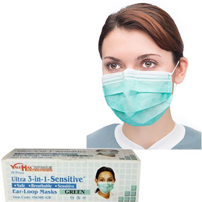 Ultra 3-in-1 Sensitive Ear-Loop Mask - GREEN, 50/Bx. Sensitive and gentle to skin. High Filtration