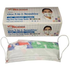 Ultra 3-in-1 Sensitive Ear-Loop Mask Fog Free - MULTICOLOR, 50/Bx. ASTM Level 2. High Filtration