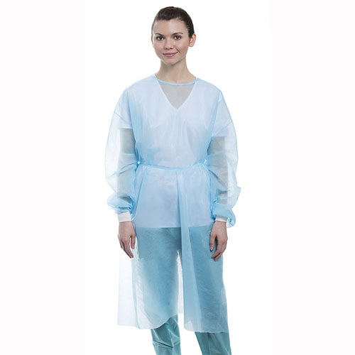 ValuMax Isolation Gowns Knit Cuff BLUE. Disposable, knee-length, open at the back, latex-free