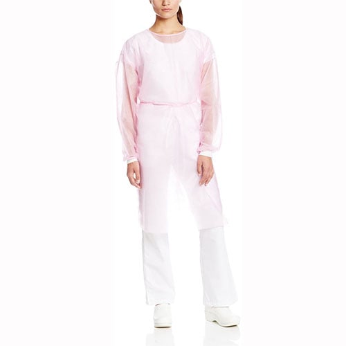 ValuMax Isolation Gowns Knit Cuff PINK. Disposable, knee-length, open at the back, latex-free