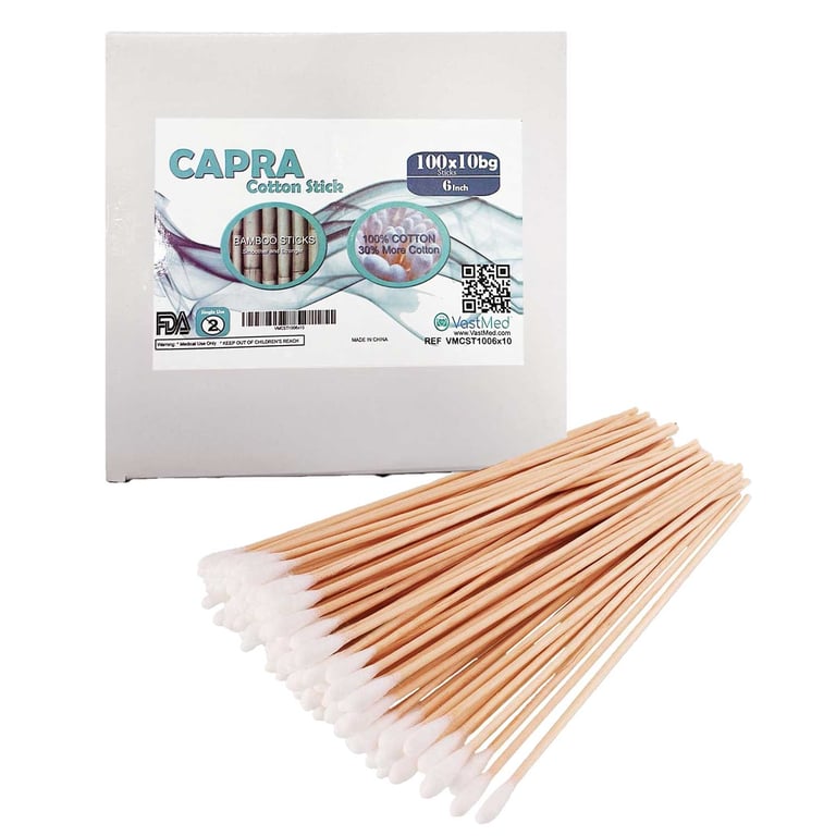 VastMed CAPRA 6" Cotton Tip Bamboo Applicator, 1000/Pk
