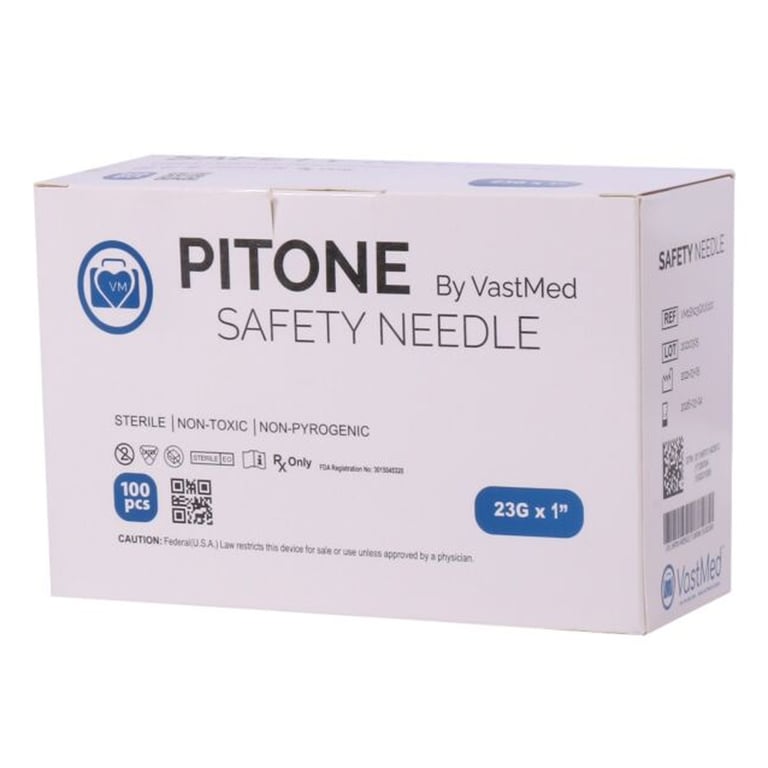 VastMed 23G x 1" Hypodermic Safety Needle, Sterile, Disposable, 100/Bx. Syringe not included