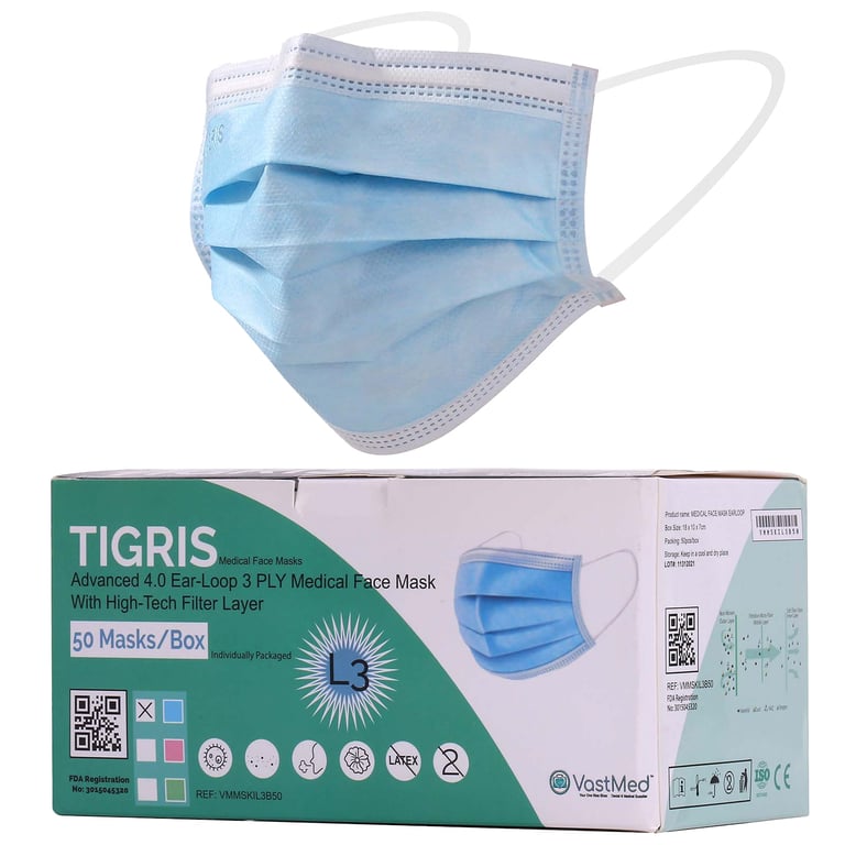 VastMed TIGRIS Level 3 Procedural Earloop Mask, 3-Ply, Blue, 50/Box. Individually wrapped