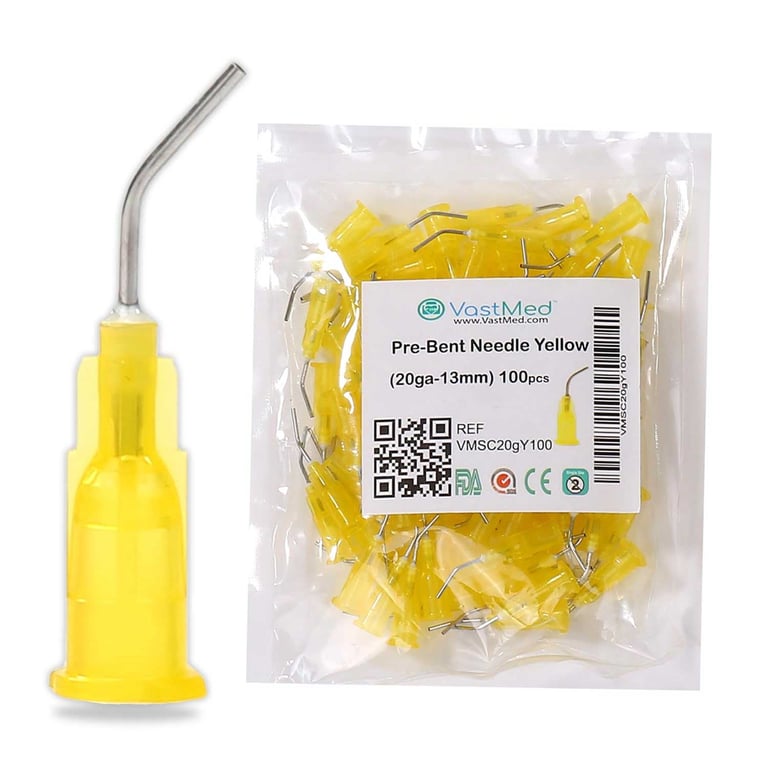VastMed Pre-Bent, Blunt Applicator Tips, 20ga, Yellow, 100/Pk