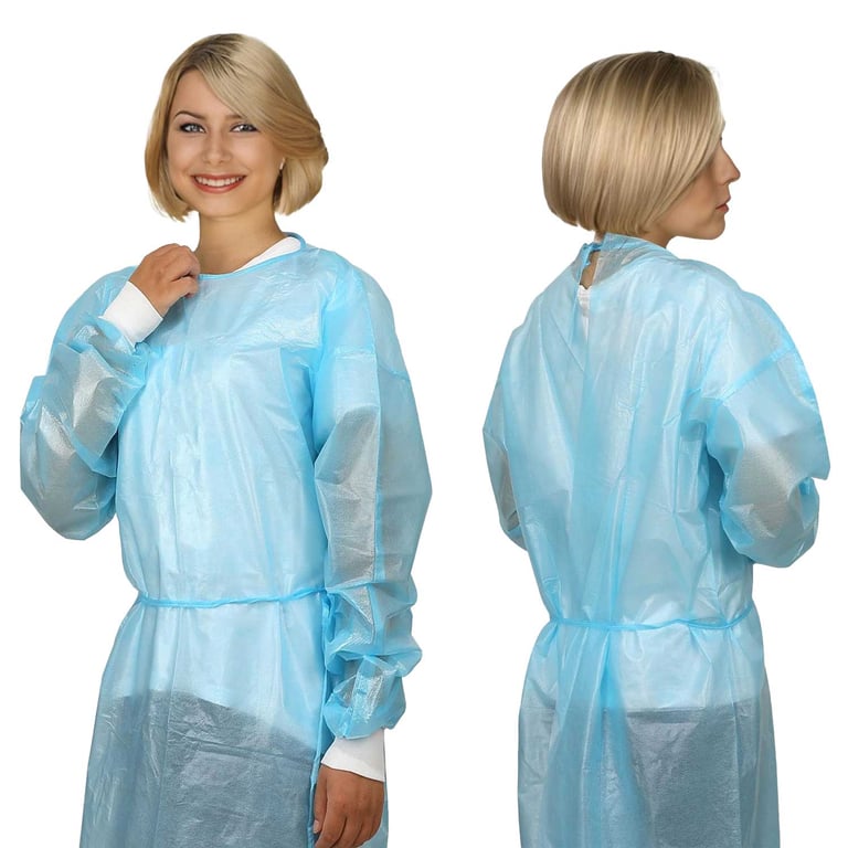 VastMed Disposable Level 2 Isolation Gown, PP+PE 43gsm, Universal Fit, Blue, 10/Pk