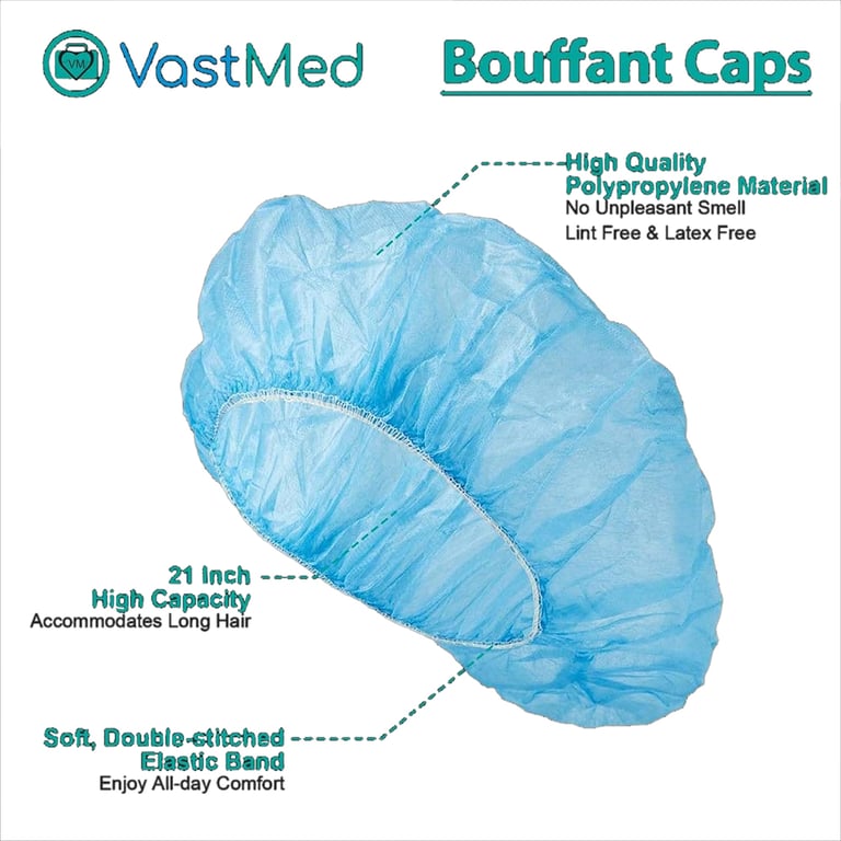 VastMed 21" Non-Woven Polypropylene Bouffant Caps, 35gsm, Elastic Band, Blue, 150/Pk
