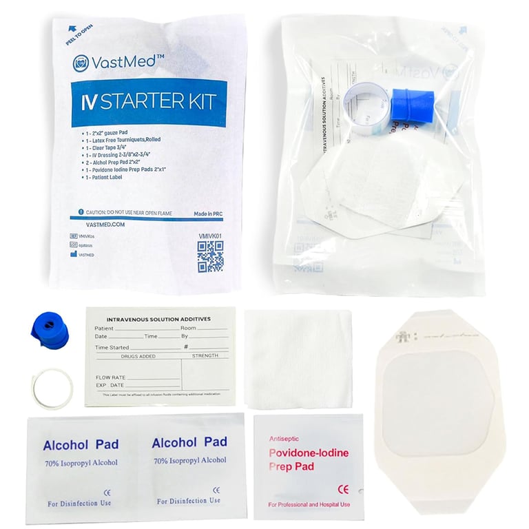 VastMed Complete IV Starter Kit, 200 Kits/Box. Includes: 1 x gauze pad (2"x 2"), 1 x latex free