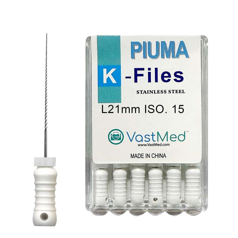 VastMed PIUMA K-File 21mm #15 Stainless Steel, Flex, Color Coded, 6/Box
