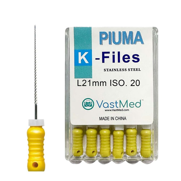 VastMed PIUMA K-File 21mm #20 Stainless Steel, Flex, Color Coded, 6/Box