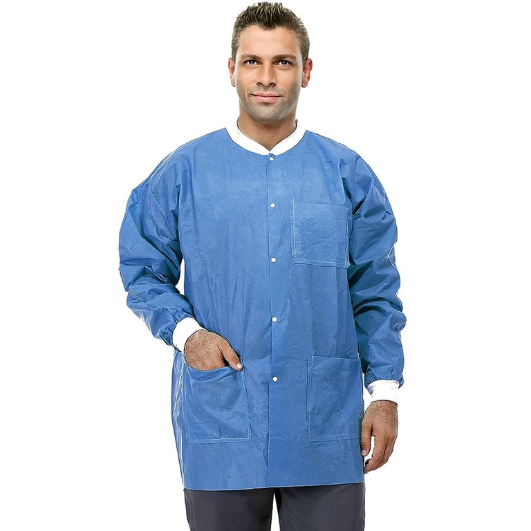 VastMed SMS 45g Disposable Lab Jacket, X-Large, Blue, 50/Pk. Lightweight, Hip-length lab coat
