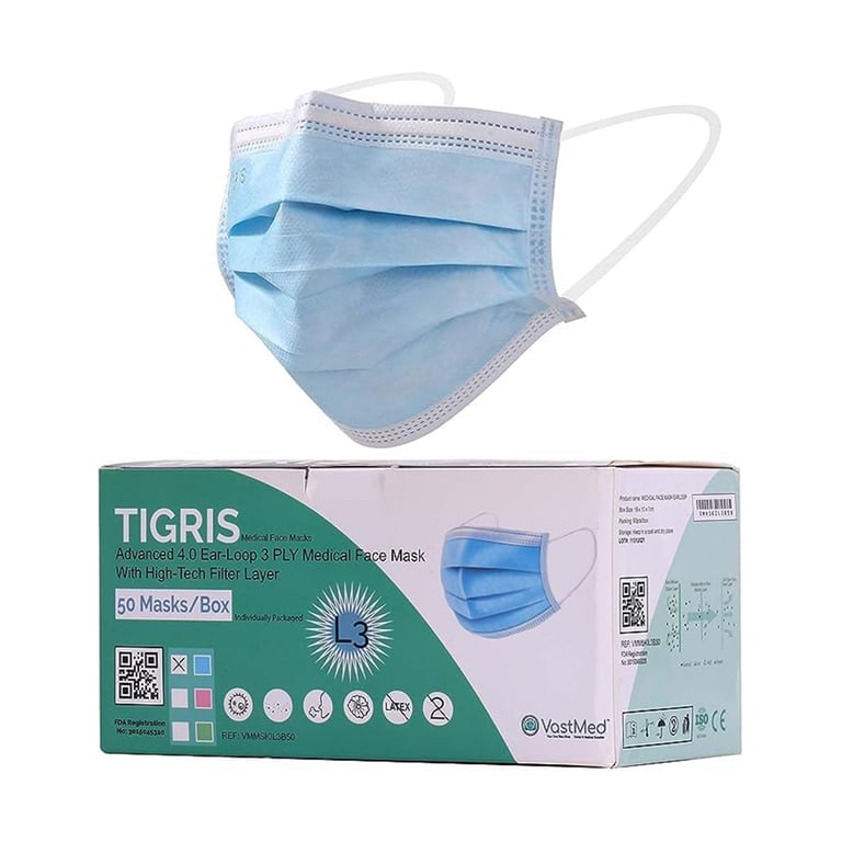 VastMed Tigris Level 3, 3-Ply Earloop Mask, Blue, 50/Pk. Premium design with breathable spun-bound