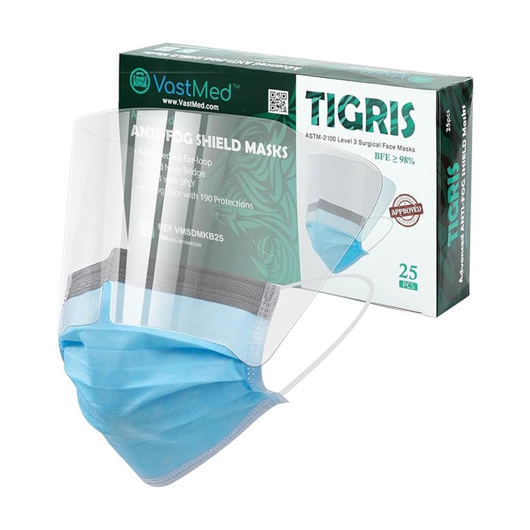 VastMed Tigris Anti-fog, Level 3, 3-Ply, Earloop Mask and Shield, Blue, 25/Pk. Designed to fit