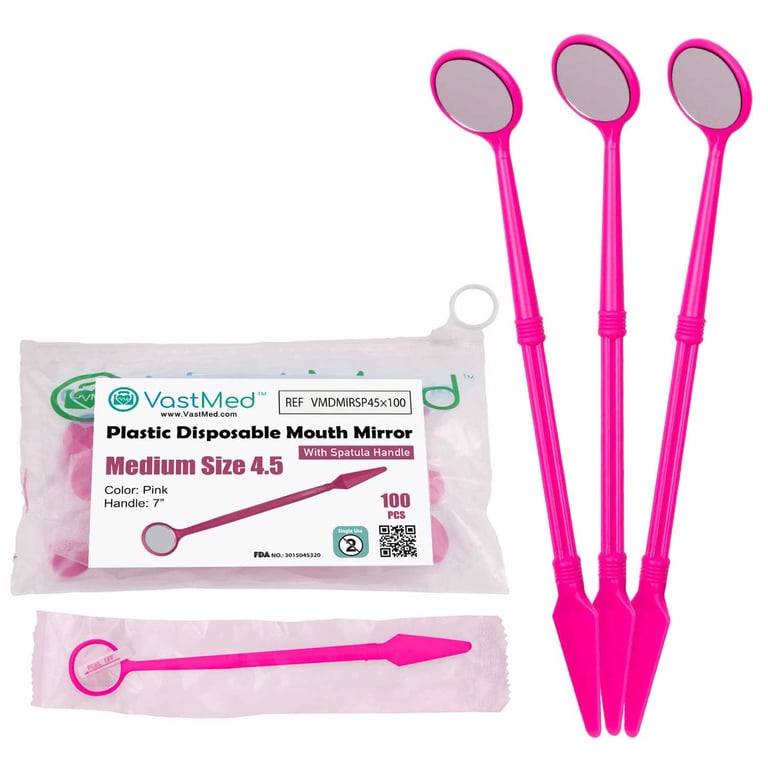 VastMed Disposable 4.5 Medium Plastic Mouth Mirror with 7" Spatula Handle, Pink, 100/Pk