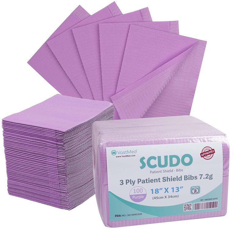 VastMed Scudo 13" x 18" 7.2g Disposable Waterproof Bib Sheet, Purple, 100/Pk. Designed with 3-ply